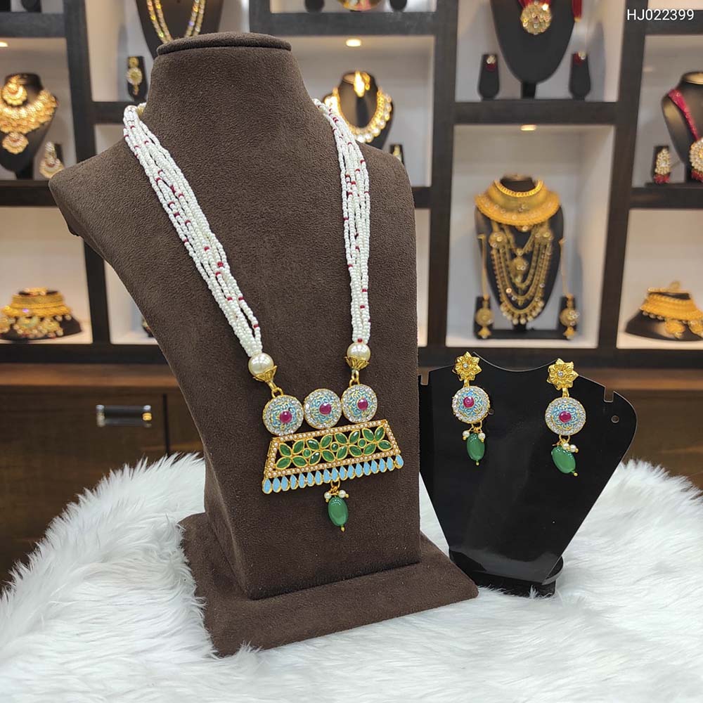 Heera Jewellers Gold Plated Austrian Stone & Pota Stone Moti Long Necklace Set