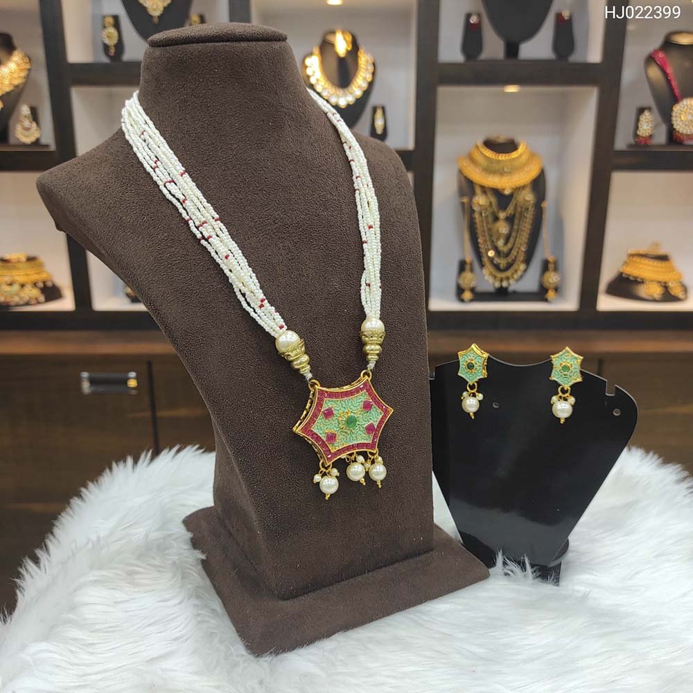 Heera Jewellers Gold Plated Austrian Stone & Pota Stone Moti Long Necklace Set