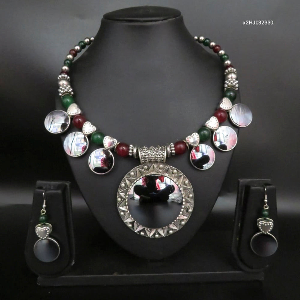 Heera Jewellers Navratri Special Oxidised Mirror Stylish Necklace Set