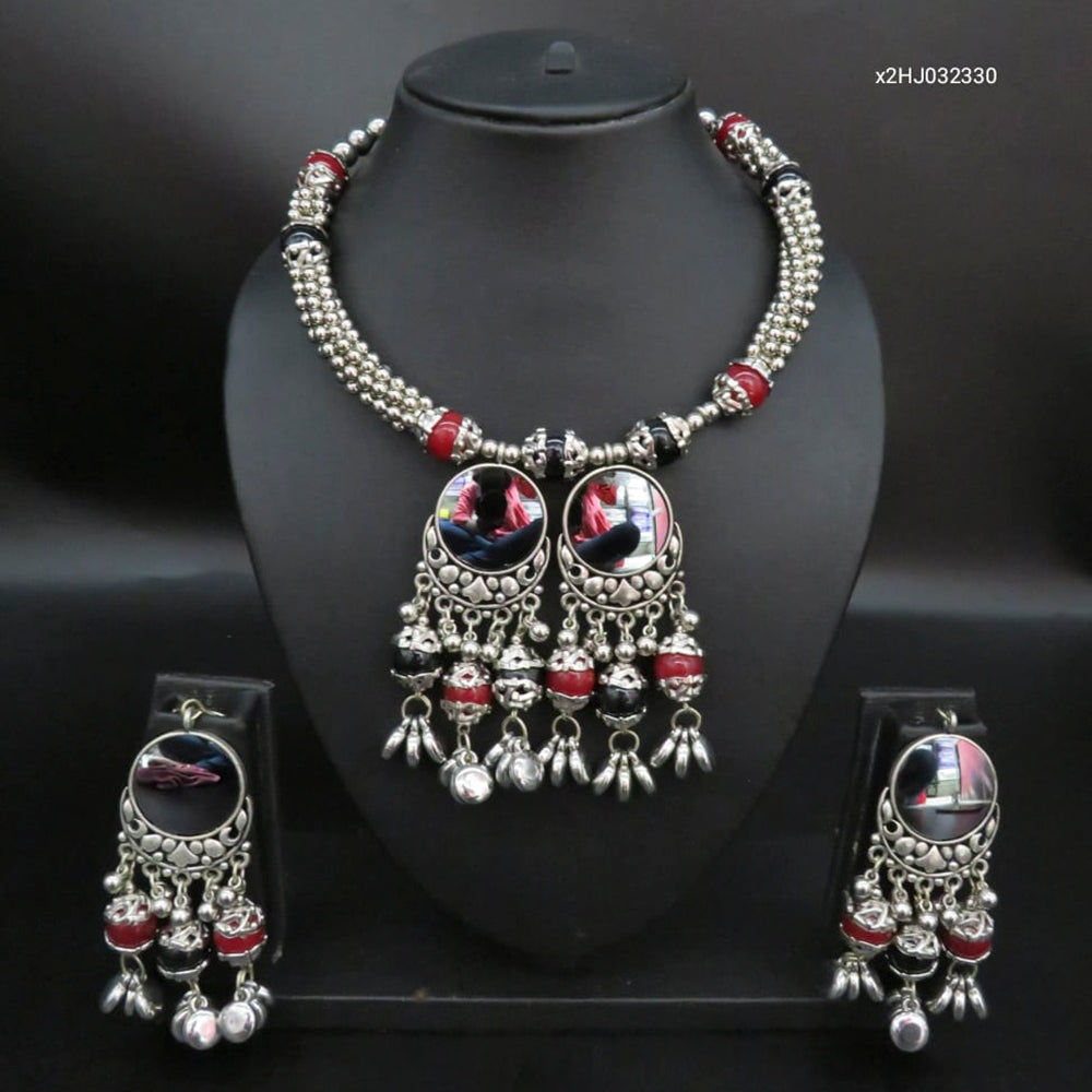 Heera Jewellers Navratri Special Oxidised Mirror Stylish Necklace Set