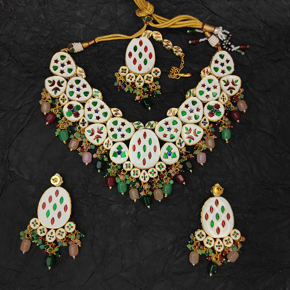 Heera Jewellers Gold Plated Kundan & Beads Back Side Meenakari Work Designer Necklace Set