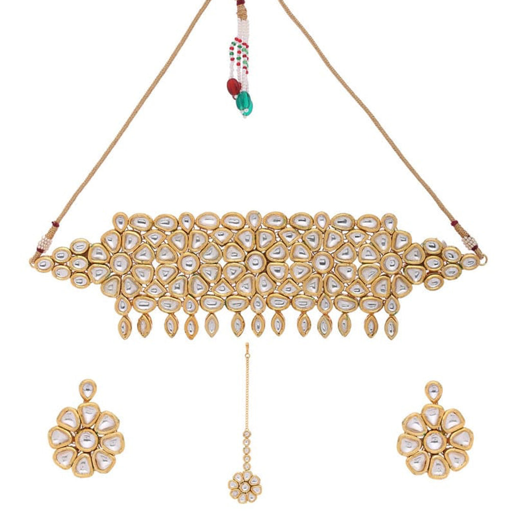 Heera Jewellers Gold Plated Kundan Necklace Set With Maangtikka