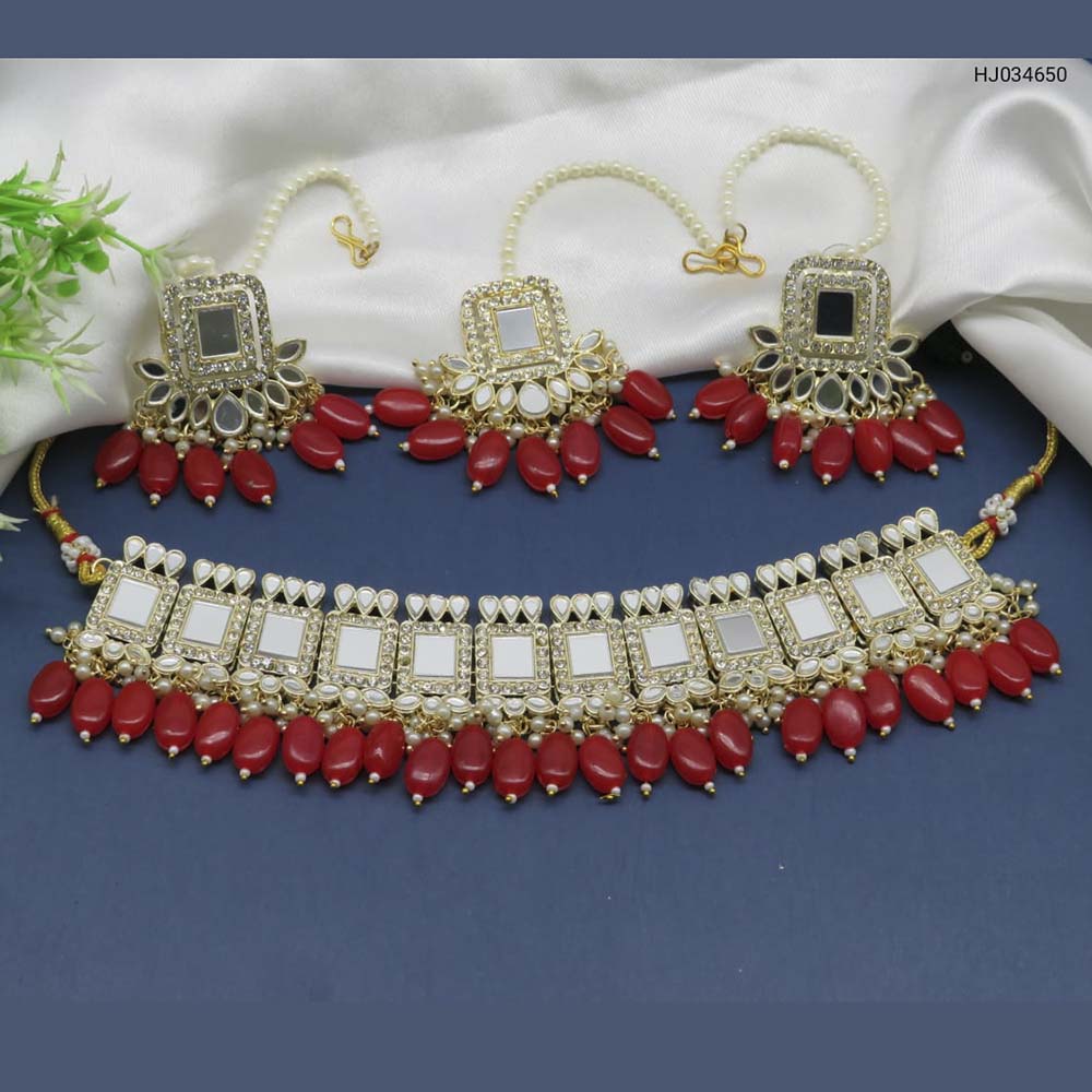 Heera Jewellers Gold Plated Mirror & Beads Designer Choker Necklace Set With Maangtikka