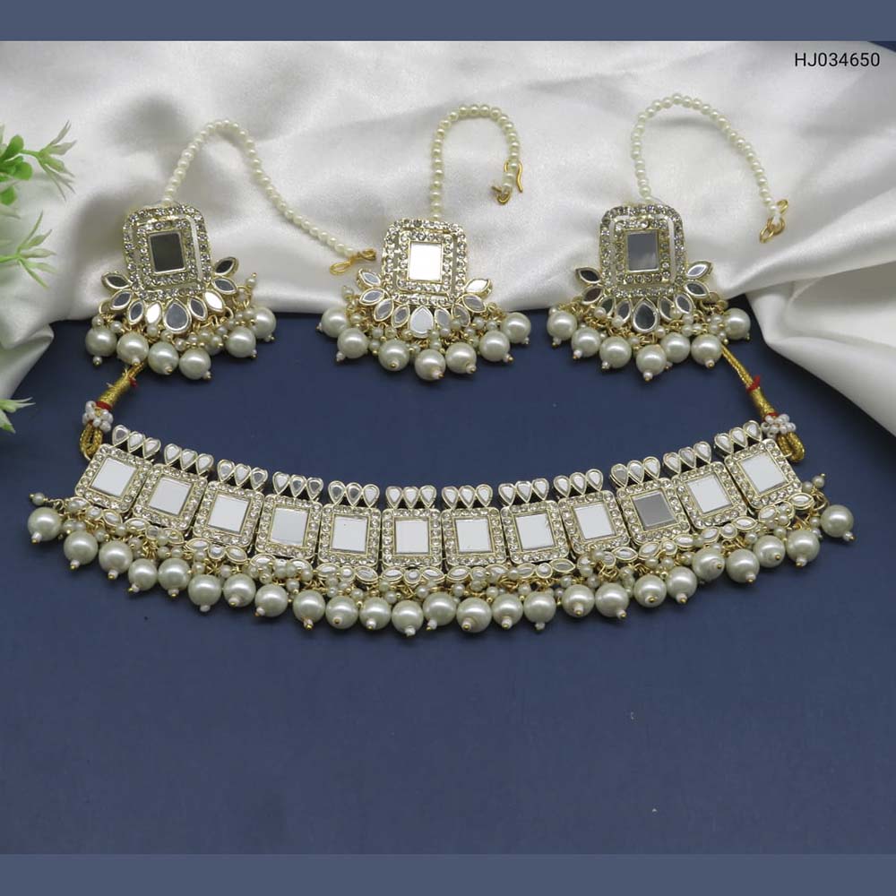 Heera Jewellers Gold Plated Mirror & Beads Designer Choker Necklace Set With Maangtikka