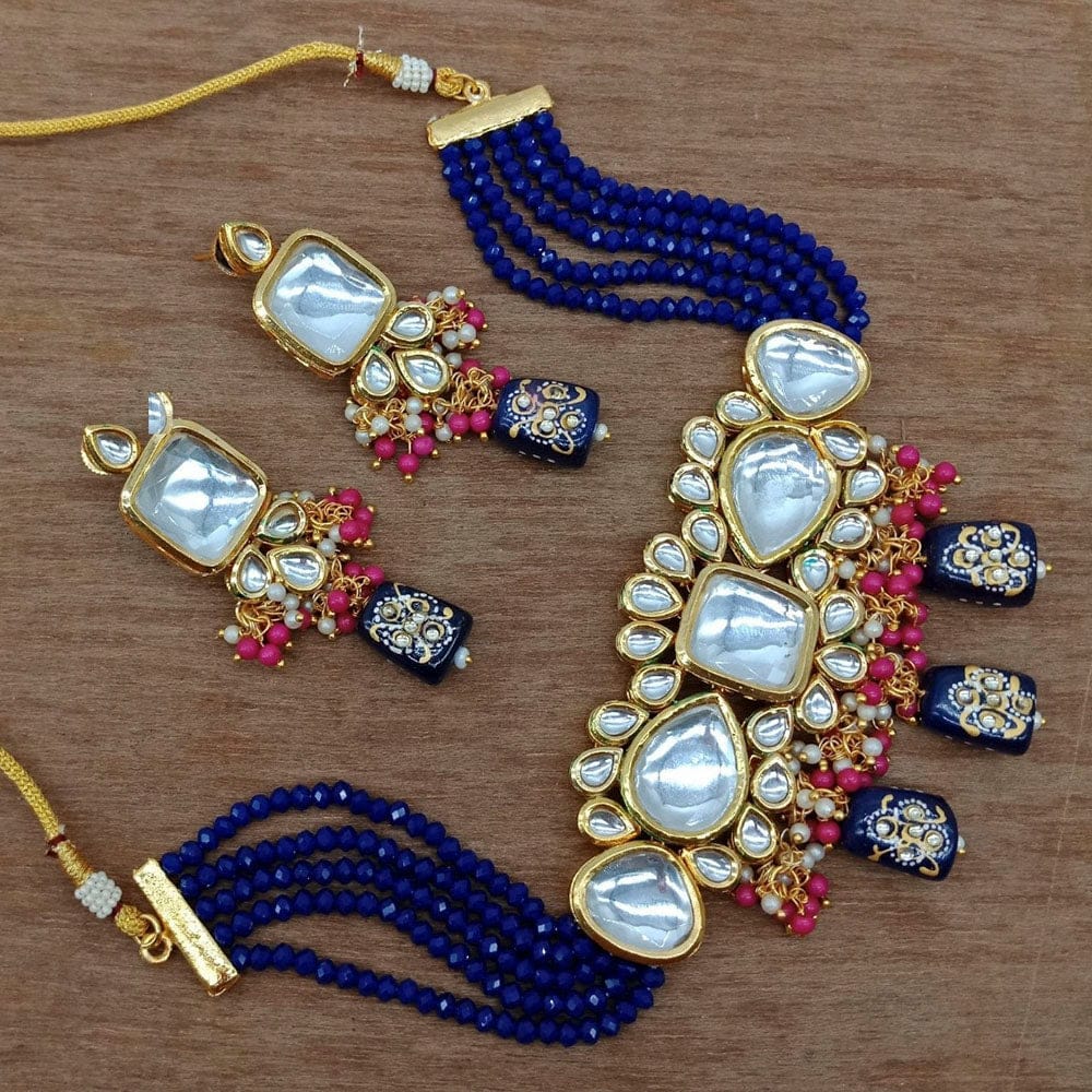 Heera Jewellers Gold Plated Kundan Stone & Beads Choker Necklace Set