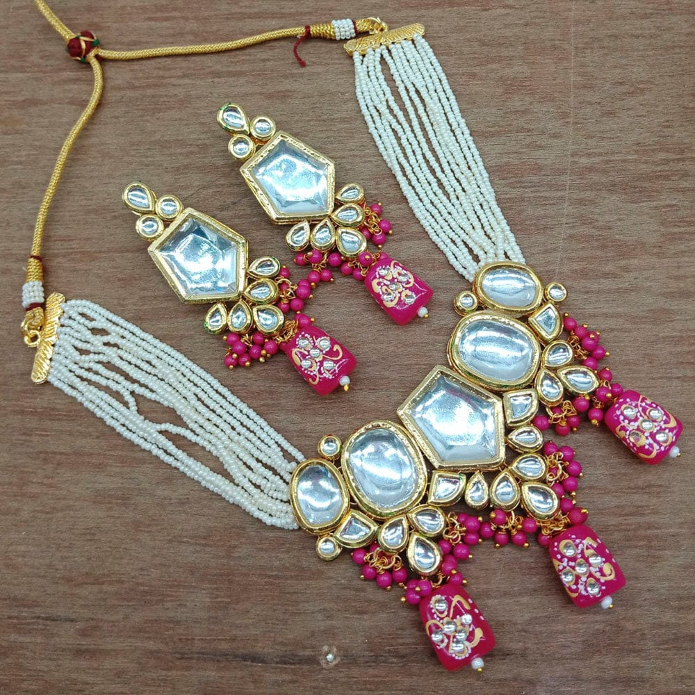 Heera Jewellers Gold Plated Kundan Stone & Beads Choker Necklace Set