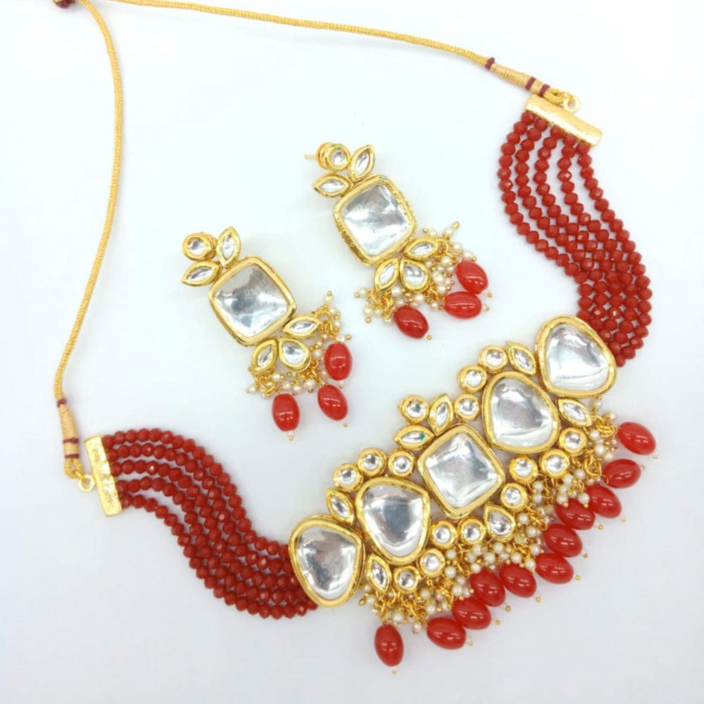 Heera Jewellers Gold Plated Kundan Stone & Beads Choker Necklace Set