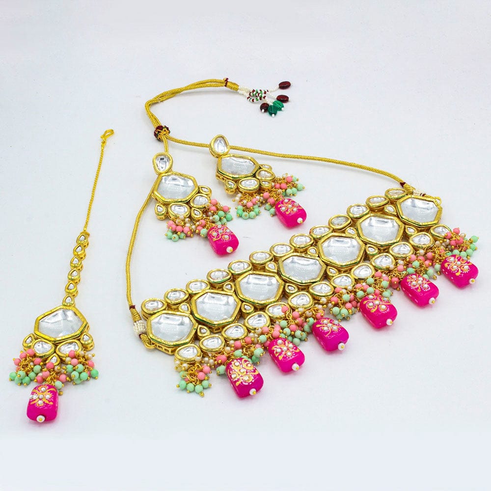 Heera Jewellers Gold Plated Kundan Stone & Beads Choker Necklace Set