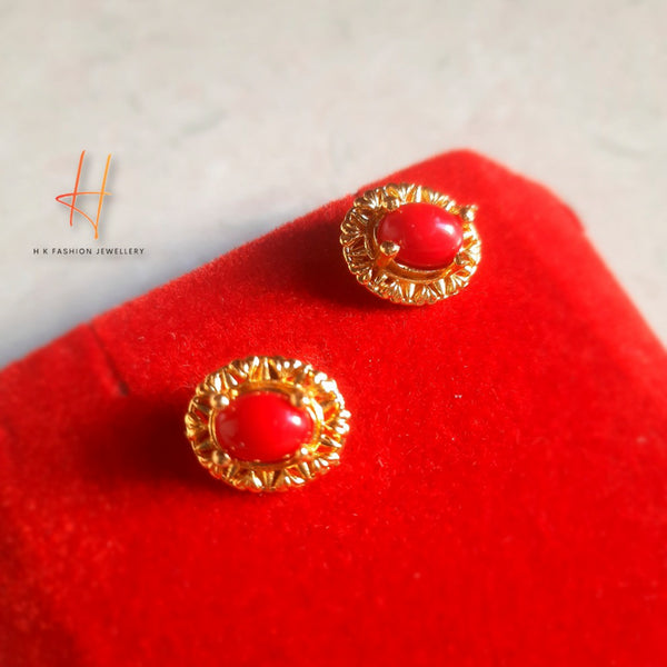 H K Fashion Gold Plated Moonga Color Gemstone Stud  Earrings