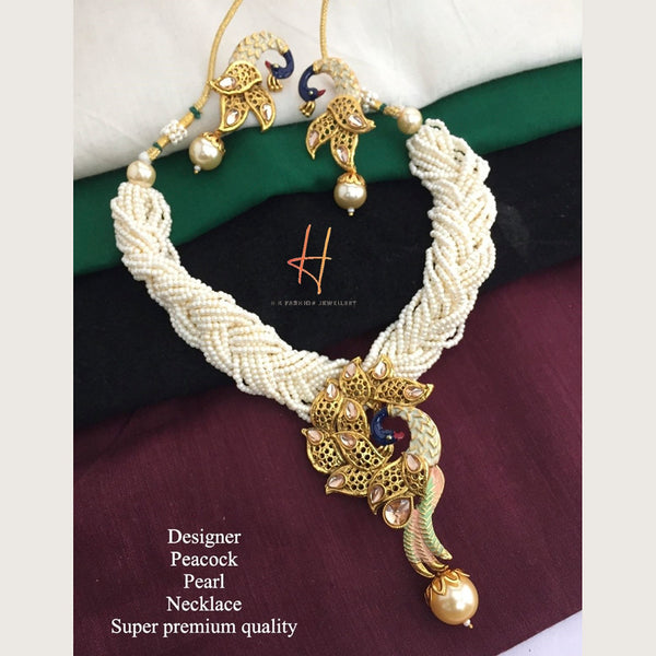 H K Fashion Antique Gold Plated Peacock Pearls Choker Necklace Set