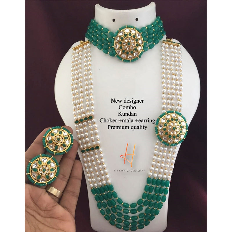 H K Fashion Gold-Plated Green & White Combo Jewellery Set