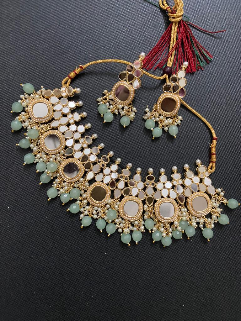 India Art Gold Plated Pearl And Beads Mirror Necklace Set