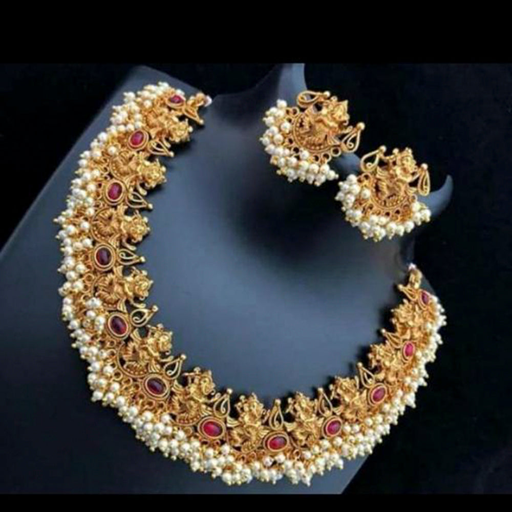 India Art  Matte Finish Kundan Pota Stone And Pearl Necklace Set