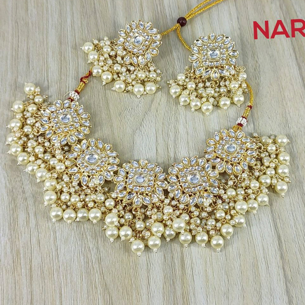 India Art Gold Plated Kundan Stone & Beads Necklace Set