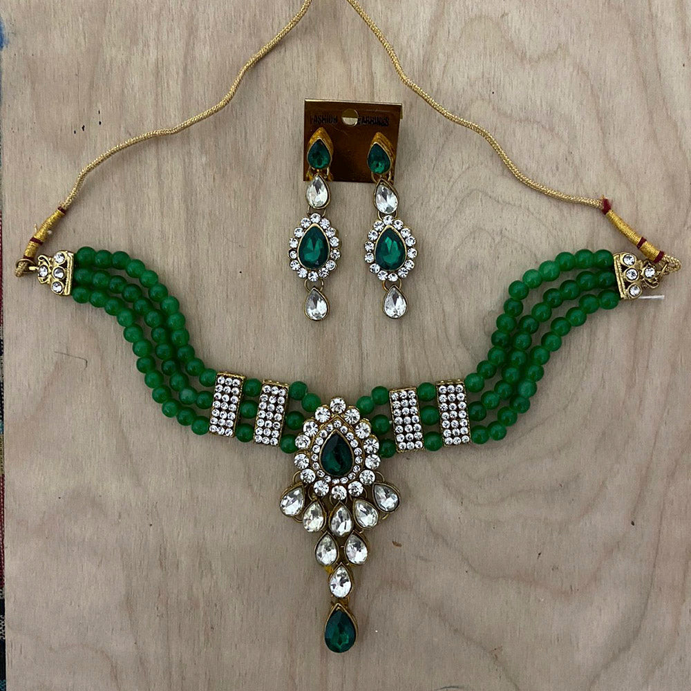 India Art  Gold Plated Crystal Stone & Beads Necklace Set