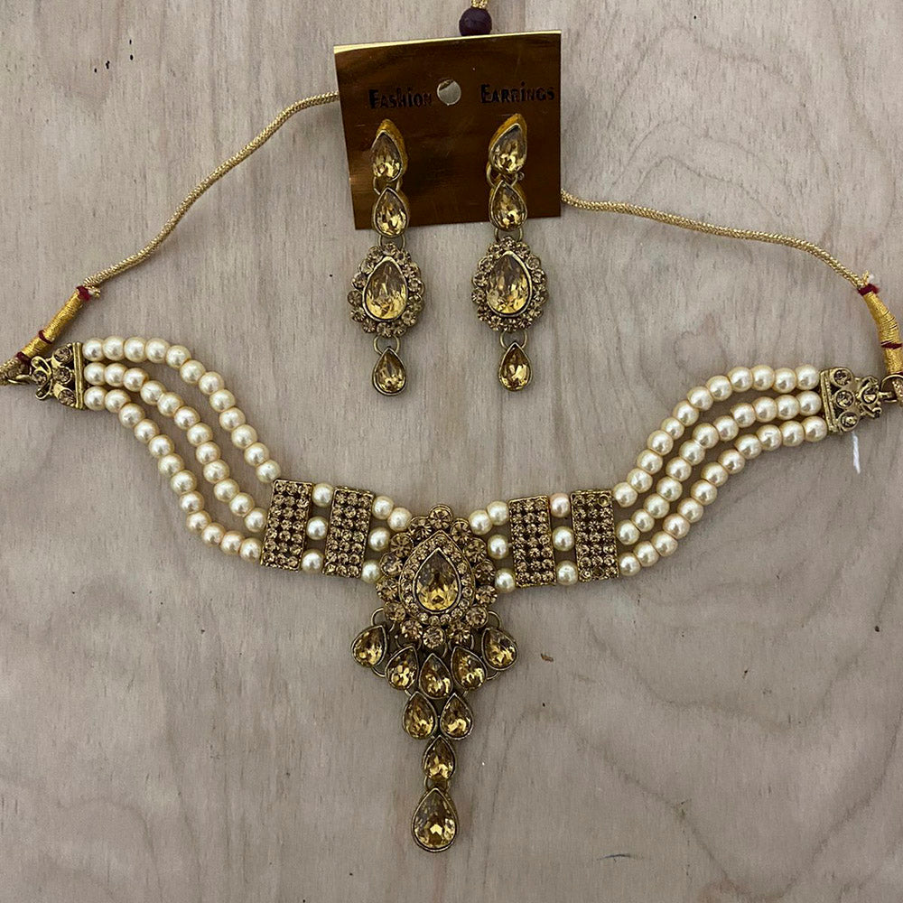 India Art  Gold Plated Crystal Stone & Beads Necklace Set
