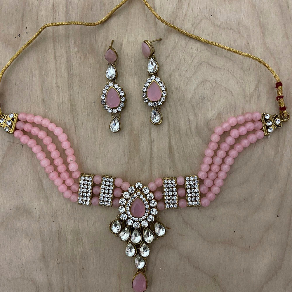India Art  Gold Plated Crystal Stone & Beads Necklace Set