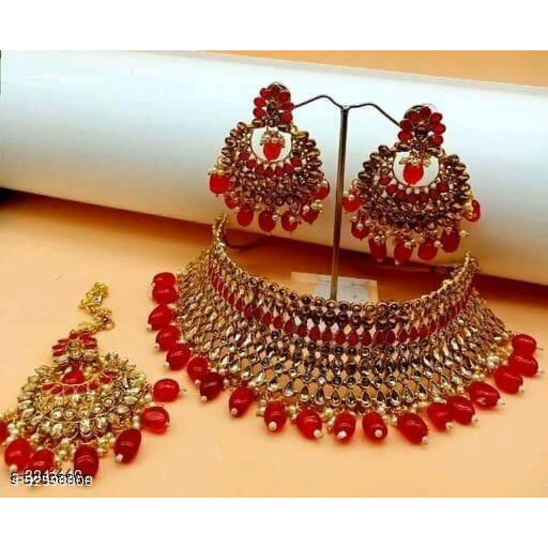 India Art Gold Plated Kundan Stone & Beads Choker Necklace Set