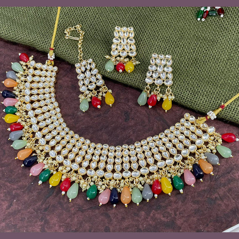 India Art Gold Plated Kundan Stone & Beads Choker Necklace Set