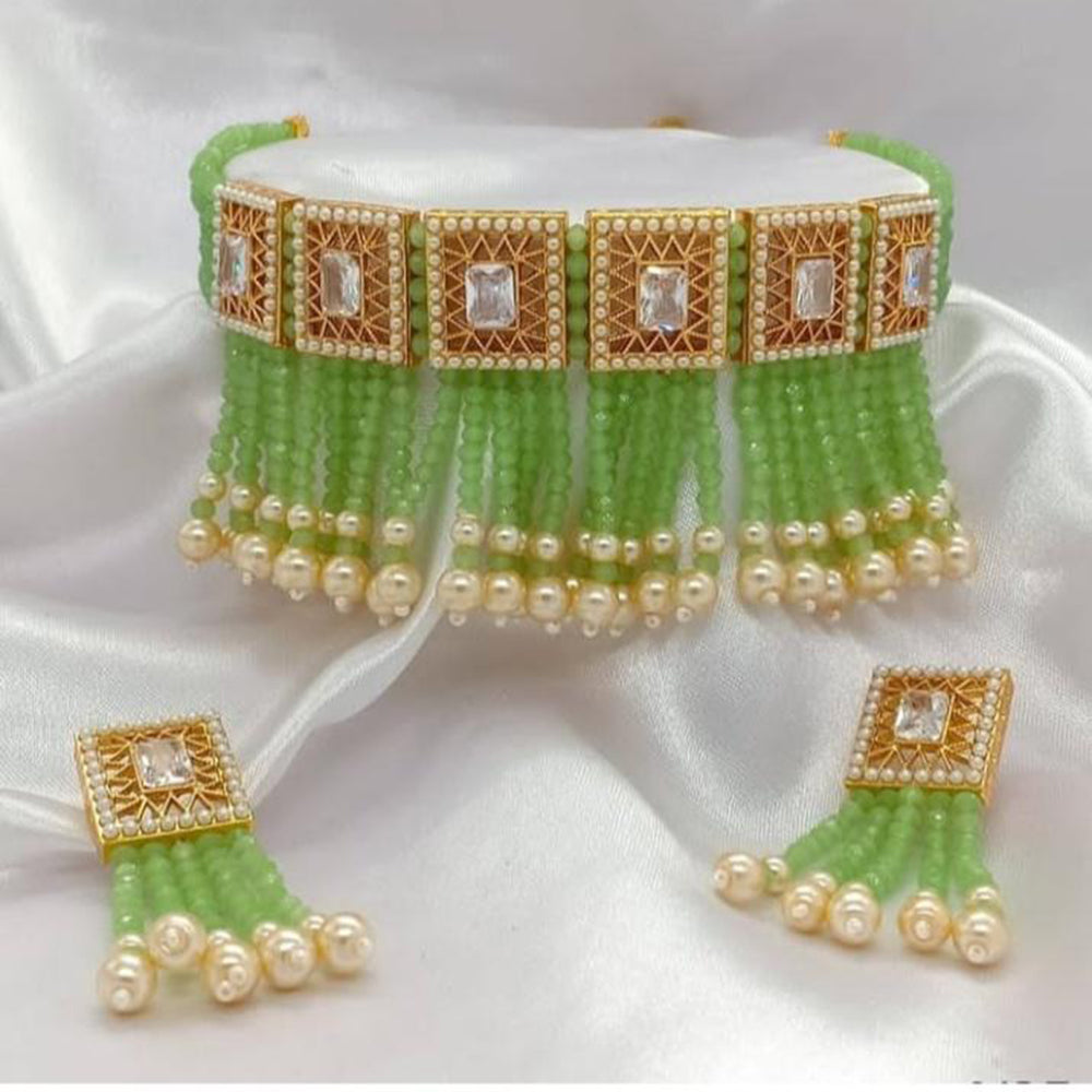 India Art Gold Plated Crystal Stone And Beads Necklace Set
