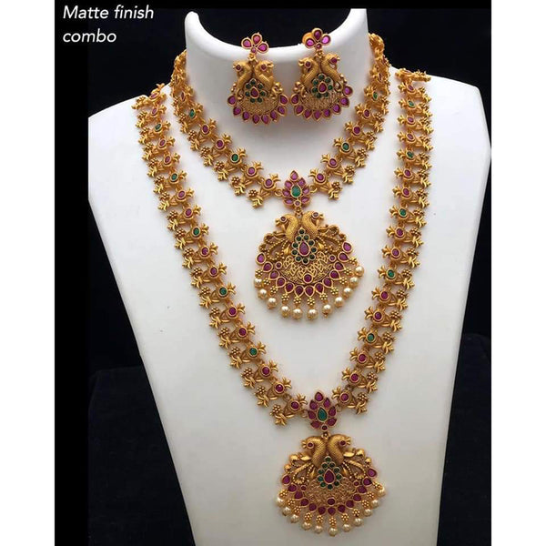 India Art Gold Plated Pink & Green Pota Stone Peacock Double Necklace Set