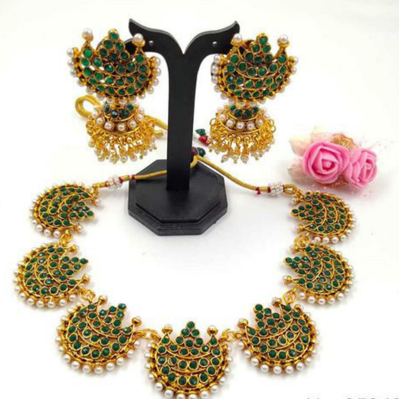 India Art Gold Plated Pota Stone & Pearl  Choker Necklace Set