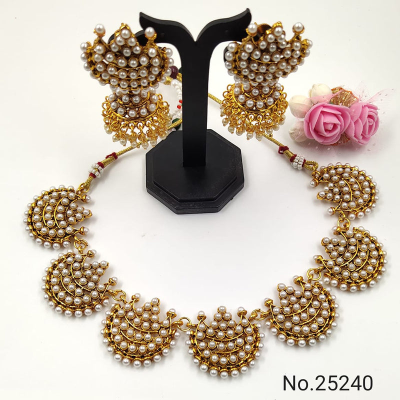 India Art Gold Plated Pota Stone & Pearl  Choker Necklace Set