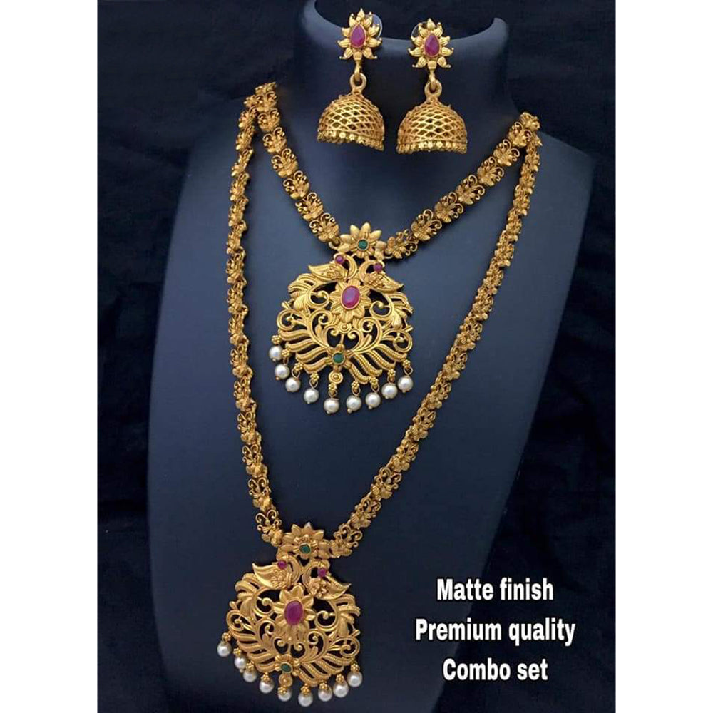 India Art Gold Plated White Pink & Green Pota Stone Double Necklace Set