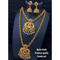India Art Gold Plated White Pink & Green Pota Stone Double Necklace Set
