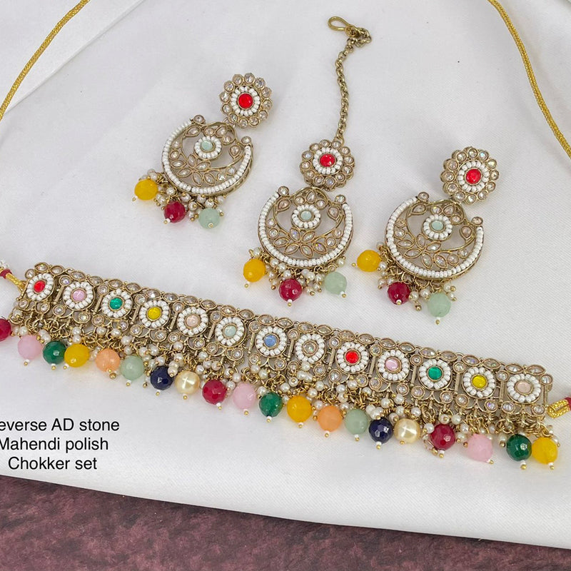 India Art  Mehendi Antique Polishing AD Stone Necklace Set