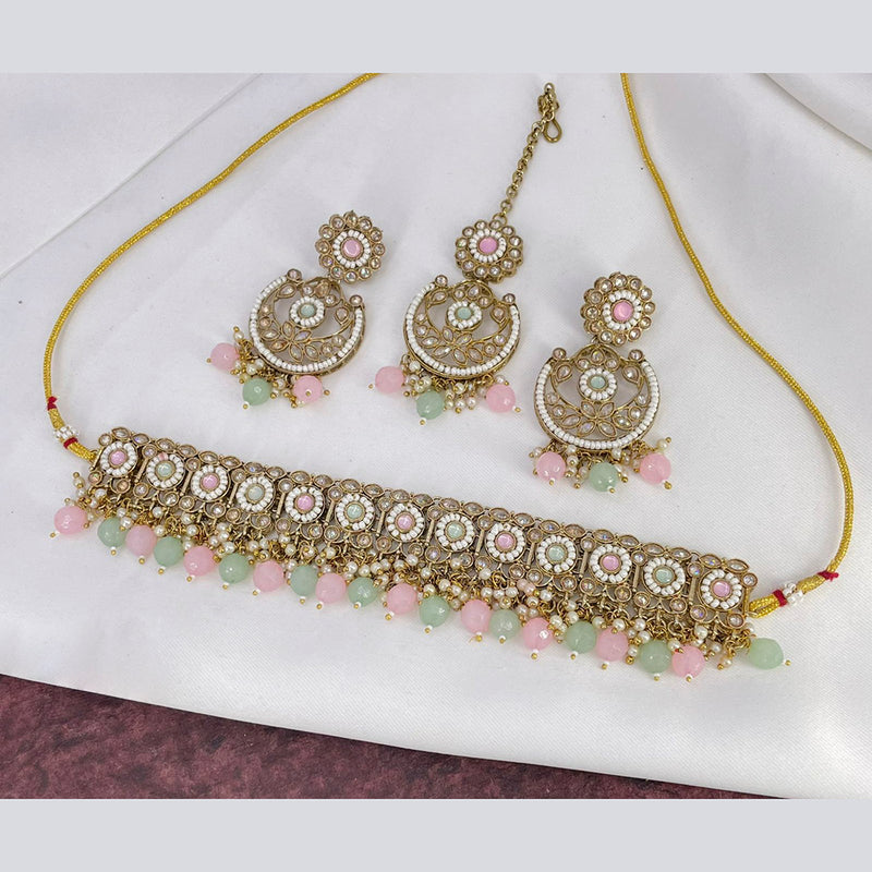 India Art Gold Plated Crystal Stone & Beads Choker Necklace Set