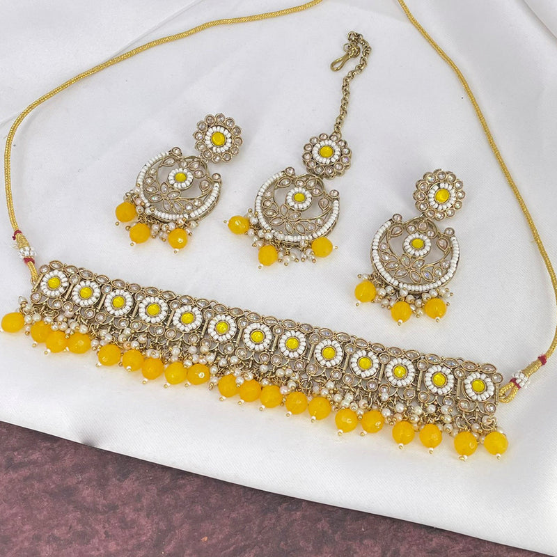 India Art Gold Plated Crystal Stone & Beads Choker Necklace Set