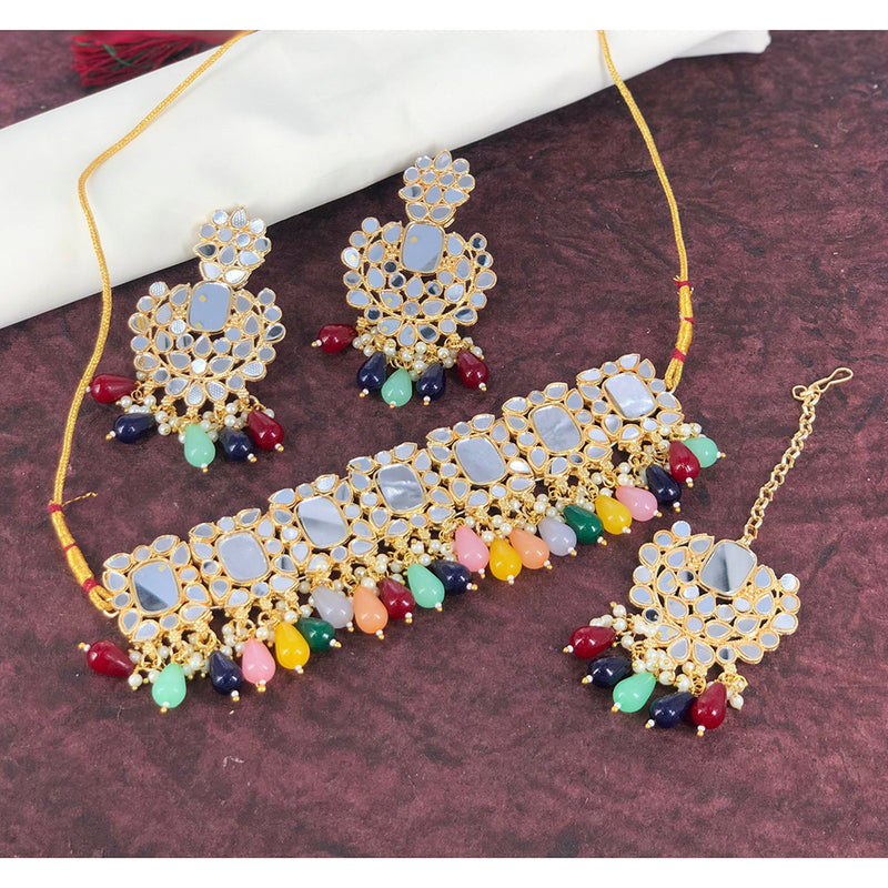 India Art Gold Plated Mirror Beads Choker Necklace Set With Maangtikka