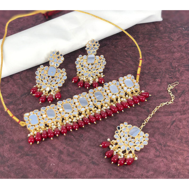 India Art Gold Plated Mirror Beads Choker Necklace Set With Maangtikka