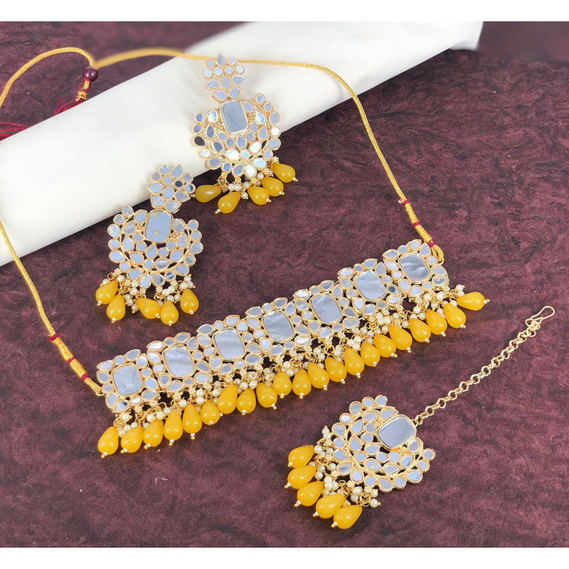 India Art Gold Plated Mirror Beads Choker Necklace Set With Maangtikka