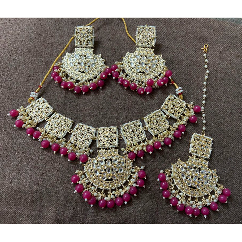 India Art Gold Plated Kundan & Beads Necklace Set With Maangtikka