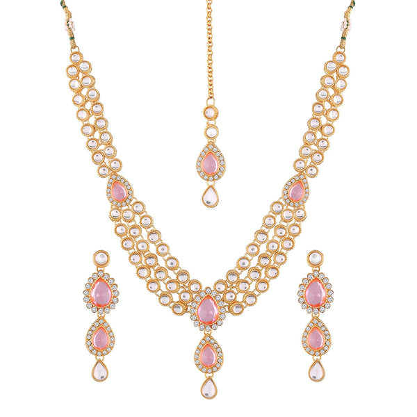 Etnico Gold Plated and American Diamond Necklace Set for Women & Girls (Pink)