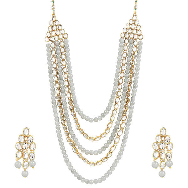Etnico 18K Gold Plated Kundan & Pearl Beaded Multi Strand Necklace Jewellery Set For Women (IJ318Gr)