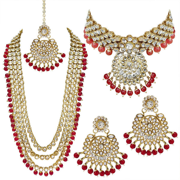Etnico Traditional 18K Gold Plated Kundan & Pearl Studded Bridal Choker Necklace Jewellery Set With Earrings & Maang Tikka for Women (IJ325R)