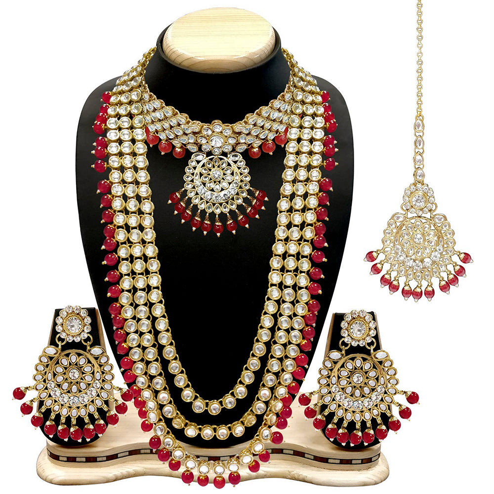 Etnico Traditional 18K Gold Plated Kundan & Pearl Studded Bridal Choker Necklace Jewellery Set With Earrings & Maang Tikka for Women (IJ325R)