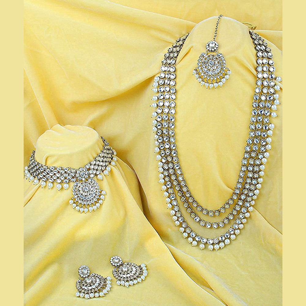 Etnico Traditional 18K Silver Plated Kundan & Pearl Studded Bridal Choker Necklace Jewellery Set With Earrings & Maang Tikka for Women (IJ325S)