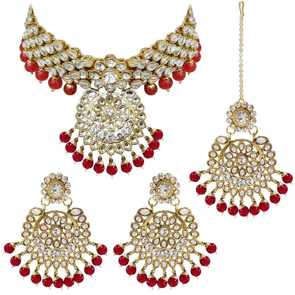 Etnico Traditional Gold Plated Kundan Pearl Wedding Choker Necklace Set Earrings & Maang Tikka for Women (IJ331R)