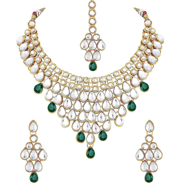 Etnico Traditional Gold Plated Kundan Bridal Choker Necklace Set Earrings & Maang Tikka For Women (IJ332G)