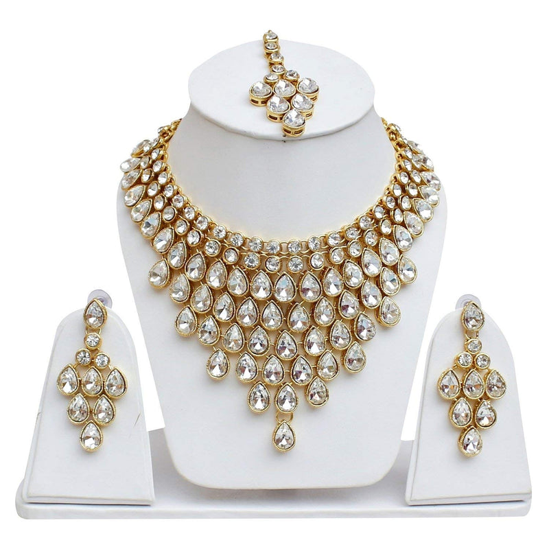 Etnico Traditional Gold Plated Stone Studded Bridal Choker Necklace Set Earrings & Maang Tikka For Women (IJ332W)