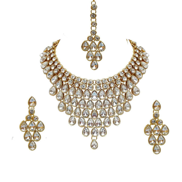 Etnico Traditional Gold Plated Stone Studded Bridal Choker Necklace Set Earrings & Maang Tikka For Women (IJ332W)