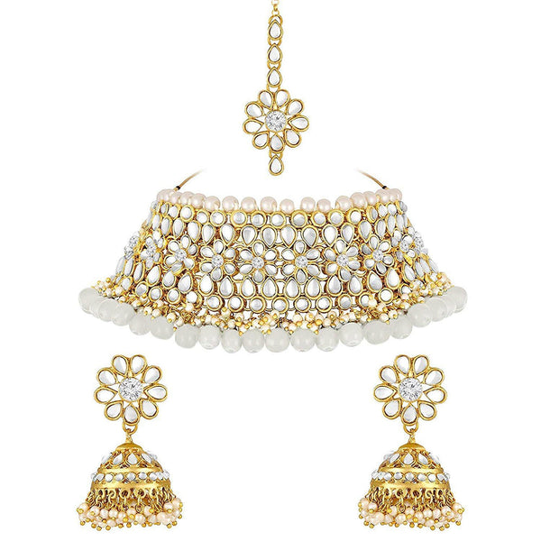 Etnico Gold Plated Traditional Kundan Pearl Choker Jewellery Set for Women (IJ333W)