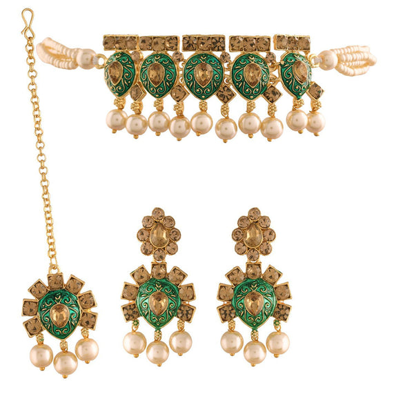 Etnico 18k Gold Plated Green Meenakari Choker Set Glided With Pearls For Women/Girls (IJ346G)