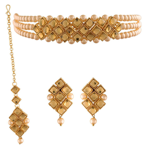 Etnico 18k Gold Plated Pearl Kundan Choker Necklace Set for Women/Girls (IJ347FL)
