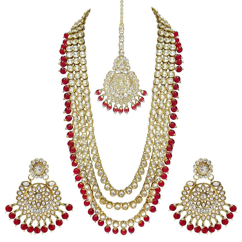 Etnico 18K Gold Plated Traditional Kundan & Pearl Studed Bridal Jewellery Set For Women (IJ348M)