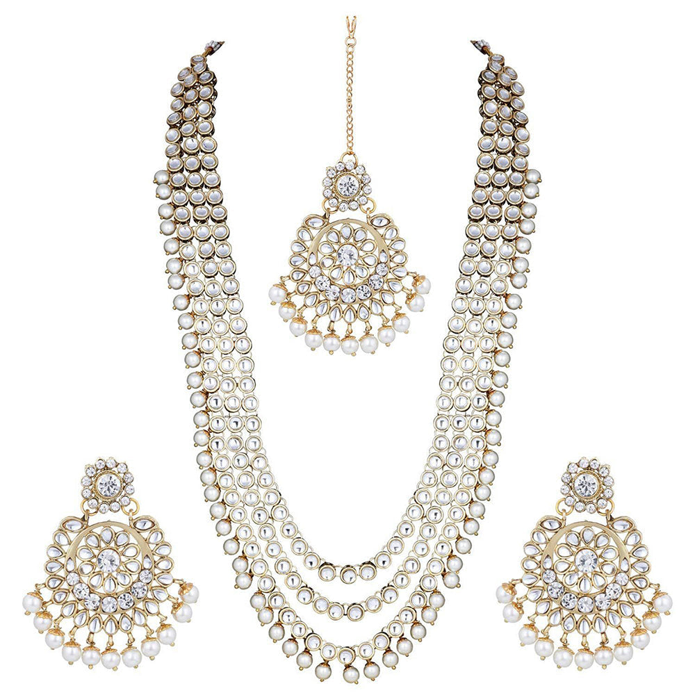 Etnico 18K Gold Plated Traditional Kundan & Pearl Studed Bridal Jewellery Set For Women (IJ348W)